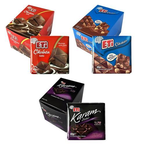 Çikolata Sütlü - Fındıklı - Karam Bitter 60 gr 10 Adet 3 lü Karma Paket