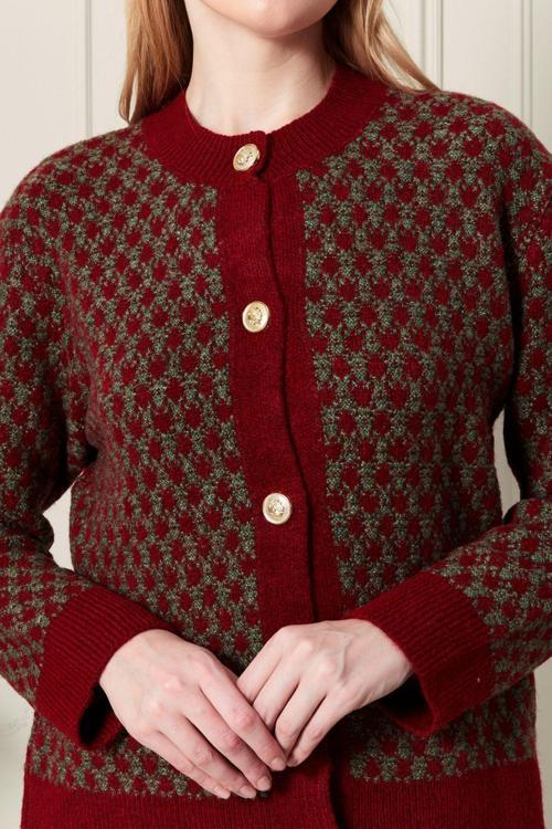 Kadın Bordo Haki Bisiklet Yaka Gold Düğme Detaylı Desenli Triko Hırka