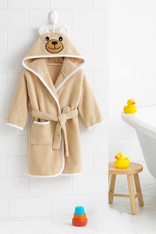 Kapşonlu Unisex %100 Pamuklu Çocuk Banyo Bornozu Bear