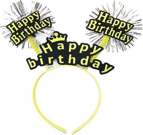 Parti Happy Birthday Püsküllü Neon Sarı Renk Doğum Günü Tacı 22x19 cm