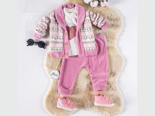 GEYİK BASKILI ÜÇLÜ KADİFE ALT ÜST TAKIM  - PKL1211-Fuşya-18 - 24 Ay Fuşya