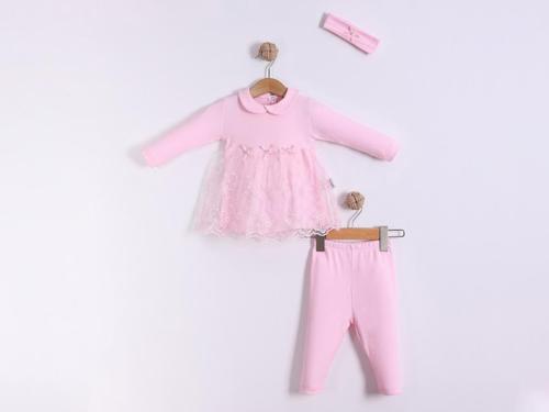BANDANALI TÜLLÜ BEBE YAKA PENYE ALT ÜST TAKIM - Pembe - 9 Ay - FND41149-Pembe-9 Ay Pembe