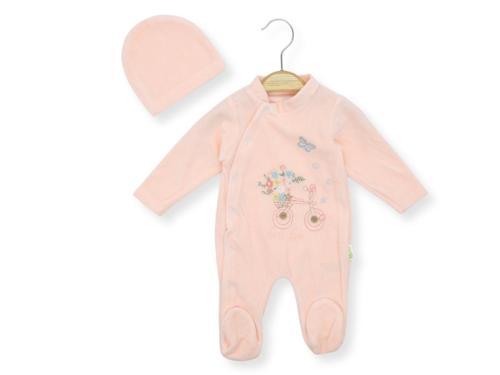 BİSİKLETLİ ÇİÇEK NAKIŞLI ŞAPKALI KADİFE TULUM - Somon - 9 - 12 Ay - HYT1253-Somon-9 - 12 Ay Somon