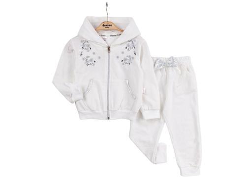 KAPÜŞONLU ÇİÇEK NAKIŞLI İKİ İPLİK ALT ÜST TAKIM - DNN40672-Ekru-3 Yaş Ekru