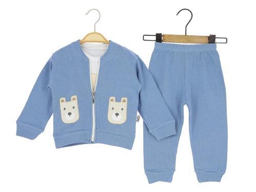 WAFFLE KUMAŞ AYI NAKIŞLI HIRKALI ÜÇLÜ ALT ÜST TAKIM - İndigo - 18 Ay - SLL7011-İndigo-18 Ay İndigo