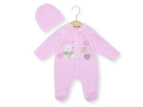 KALPLİ AYICIK NAKIŞLI PATİKLİ ŞAPKALI KADİFE TULUM - Pembe - 3 - 6 Ay - HYT1263-Pembe-3 - 6 Ay Pembe
