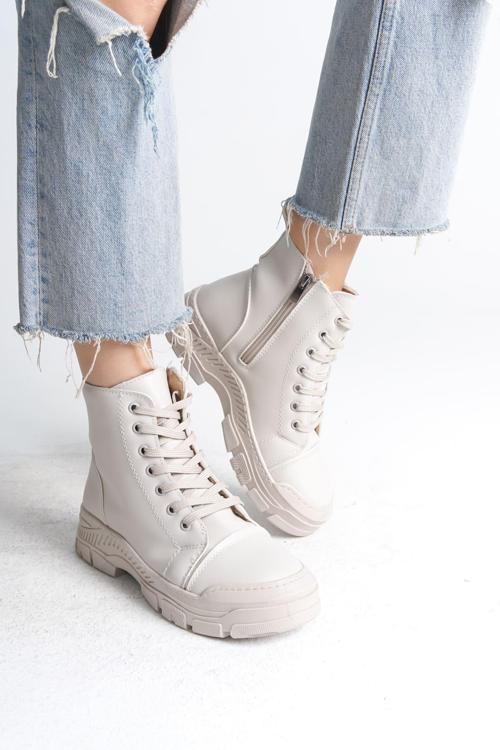 BLOOM Bağcıklı Fermuarlı Ortopedik Taban Kadın Bot  CKT - Krem