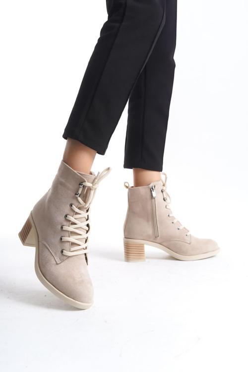 LENA Bağcıklı Fermuarlı Ortopedik Taban Topuklu Süet Kadın Bot  STT - Ten