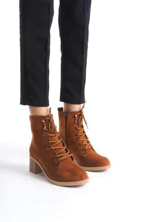 LENA Bağcıklı Fermuarlı Ortopedik Taban Topuklu Süet Kadın Bot STT - Taba