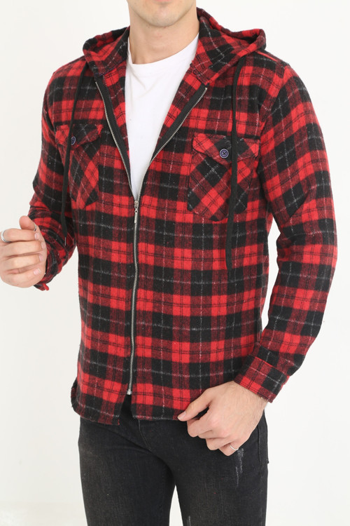 Erkek Fermuarlı Kapüşonlu Oduncu Gömlek - Kırmızı-Siyah