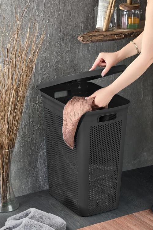 Slim Kapaklı Dekoratif Kirli Çamaşır Sepeti 45 Litre - Siyah