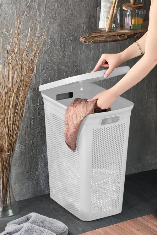 Slim Kapaklı Dekoratif Kirli Çamaşır Sepeti 45 Litre - Beyaz