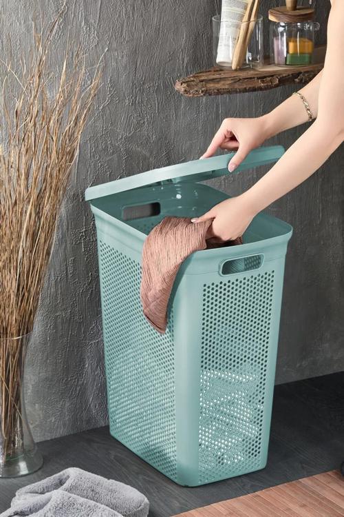 Slim Kapaklı Dekoratif Kirli Çamaşır Sepeti 45 Litre - Yeşil