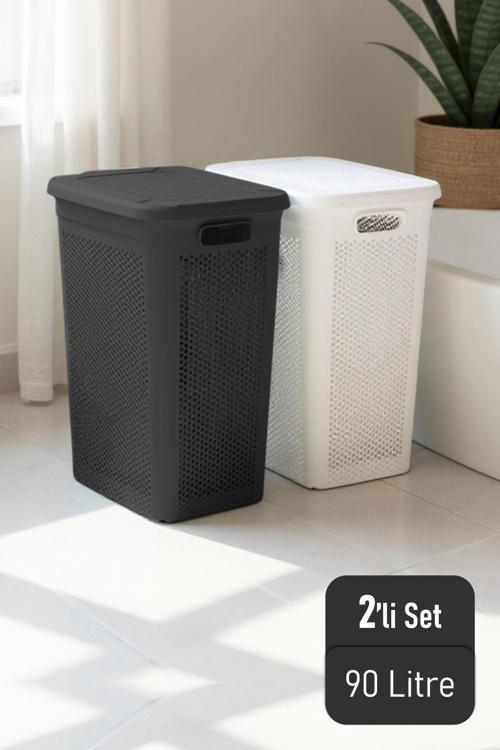 Slim İki Bölmeli Kapaklı Dekoratif Kirli Çamaşır Sepeti 90 Litre Siyah - Beyaz