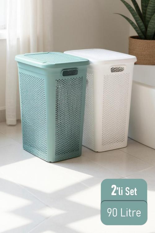 Slim İki Bölmeli Kapaklı Dekoratif Kirli Çamaşır Sepeti 90 Litre Yeşil - Beyaz