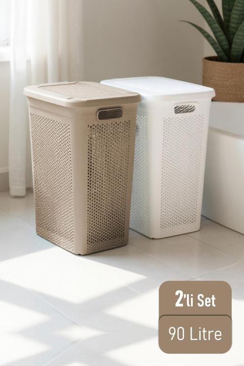 Slim İki Bölmeli Kapaklı Dekoratif Kirli Çamaşır Sepeti 90 Litre Kahve - Beyaz