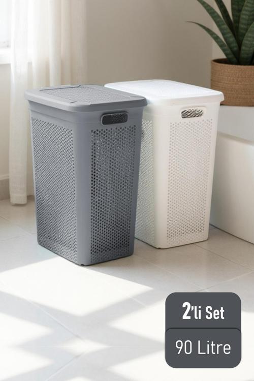 Slim İki Bölmeli Kapaklı Dekoratif Kirli Çamaşır Sepeti 90 Litre Gri - Beyaz