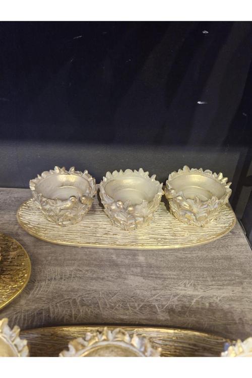 3'Lü Kuş Ve Yaprak Detaylı Mumluk Seti | Dekoratif Tabaklı Aksesuar