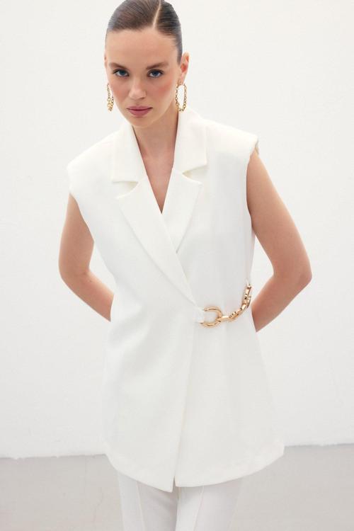Yan Aksesuarlı Uzun Yelek - Ekru