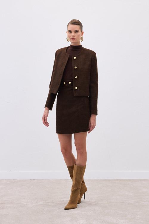 Düğme Detaylı Mini Tüvit Etek - Kahve