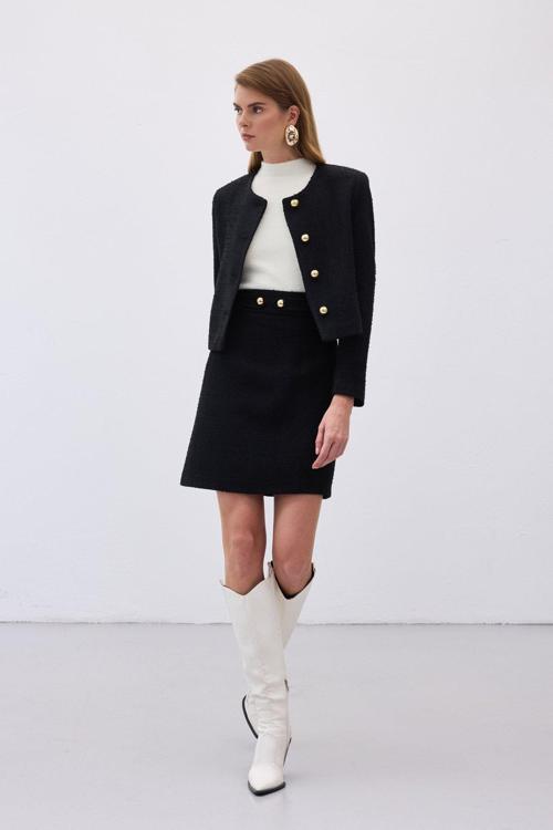 Düğme Detaylı Mini Tüvit Etek - Siyah