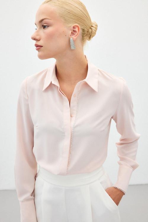 Boncuk Aksesuarlı Gömlek - Pudra