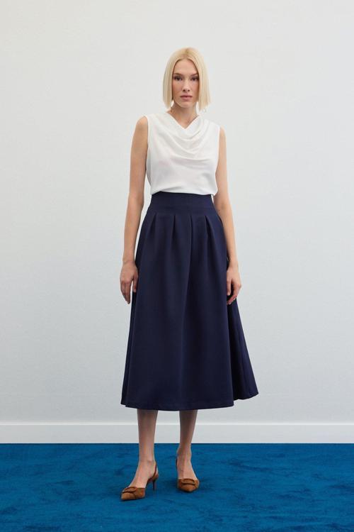 Pileli Midi Etek - Lacivert