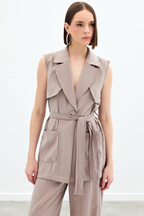 Kuşaklı Uzun Yelek - Vizon