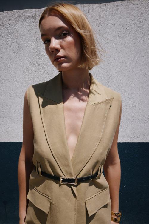 Kemerli Keten Yelek - Haki