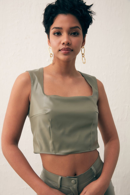 Kare Yaka Deri Crop Bluz - Çağla Yeşili