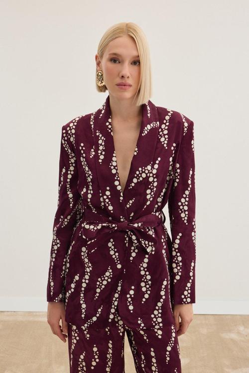 Desenli Uzun Ceket - Bordo