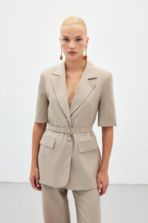 Kısa Kollu Kemerli Ceket - Vizon