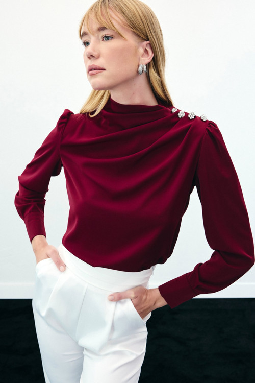 Düğmeleri Taş Detaylı Bluz - Bordo
