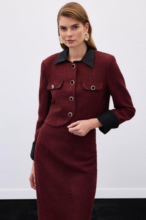 Kontrast Kısa Tüvit Ceket - Bordo