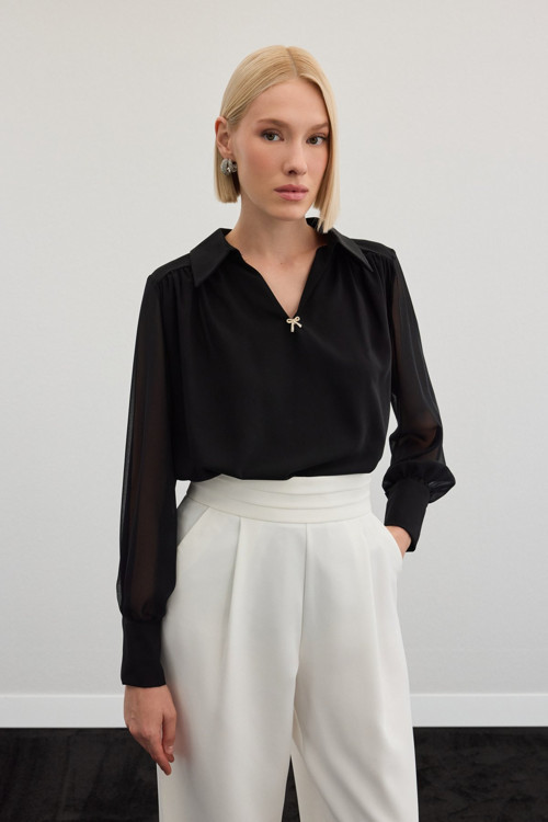 Aksesuarlı Salaş Bluz - Siyah