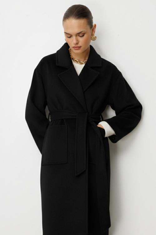 Yünlü Kaşe Doku Torba Cepli Basic Siyah Kaban