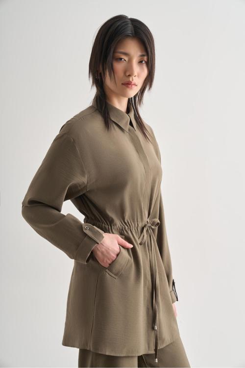 Çift Cepli Beli İp Büzgülü Modal Haki Tunik