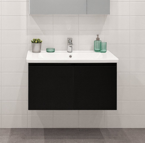 Terme 80 cm Parlak Siyah Banyo Dolabı Alt Modül ve Lavabo