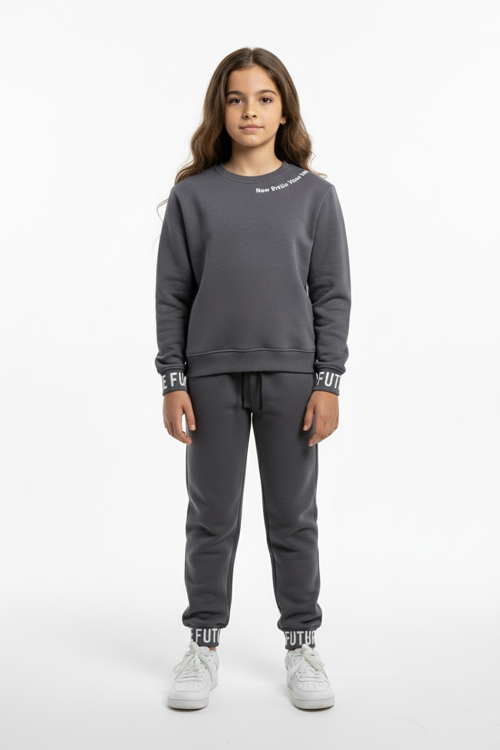 3iplik İçi Polarlı Baskılı Kız Çocuk Eşofman MNK416053 FÜME