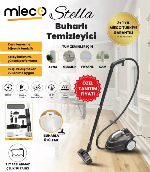 Stella 5 Bar/ 2000W / Çok Fonksiyonlu Buharlı Temizleyici + Ütü Başlığı ve Eldiven Hediyeli - Siyah
