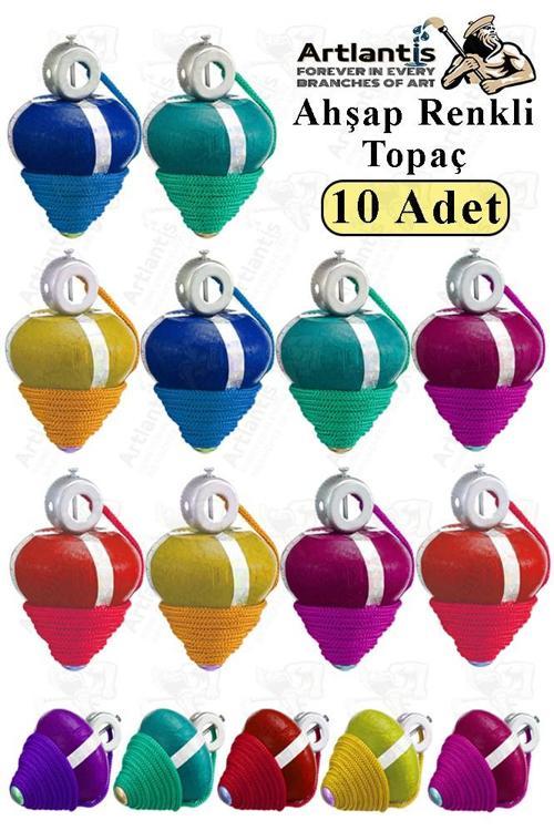 Ahşap Topaç 10 Adet Renkli Kaliteli Ahşap Topaç İpli Dönene Zilli Ağaç Topaç Nostaljik Oyuncak Geleneksel Okul Öncesi