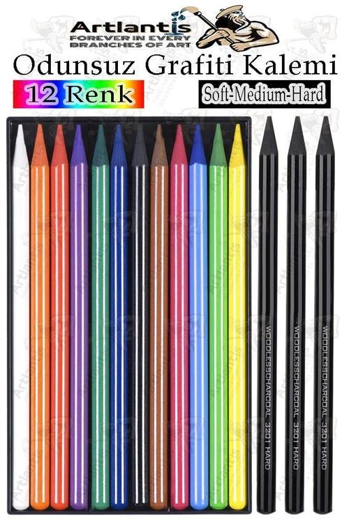 Odunsuz Grafiti Kalemi 12 Renk ve 3 Siyah 1 Paket Odunsuz Kömür Kalemi Füzen Çizim Eskiz Kalemi Karakalem Kalemi