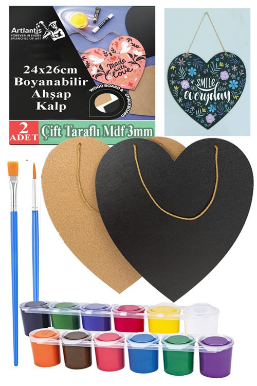 Boyanabilir Çift Taraflı Kalp Mdf 2 Li ve 12 Renk Akrilik Boya 1 Paket Kalp Tabela Kapı Duvar Yazı Süsleme Dekoratif