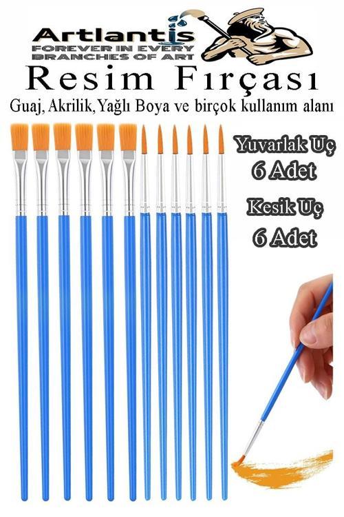 Resim Fırçası Kesik ve Yuvarlak Uçlu 12 Adet Sentetik Fırça Ekonomik Suluboya Akrilik Boya Guaj Boya Yağlı Boya Resim