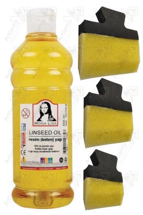 Keten Yağı 500 ml 1 Adet Yassı Patpat Sünger Fırça Seti 3 lü Resim Yağı Monalisa Rafine Bezir Yağı Yağlı Boya İnceltici