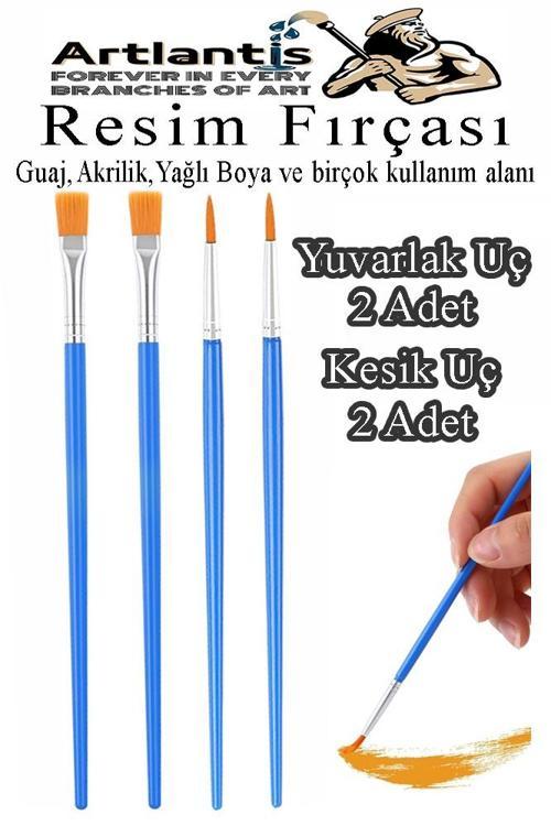 Resim Fırçası Kesik ve Yuvarlak Uçlu 4 Adet Sentetik Fırça Ekonomik Suluboya Akrilik Boya Guaj Boya Yağlı Boya Resim