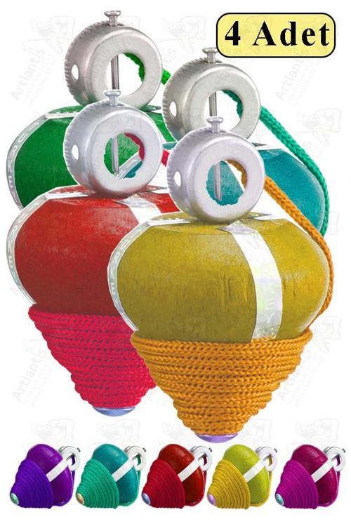 Ahşap Topaç 4 Adet Renkli Kaliteli Ahşap Topaç İpli Dönene Zilli Ağaç Topaç Nostaljik Oyuncak Geleneksel Okul Öncesi