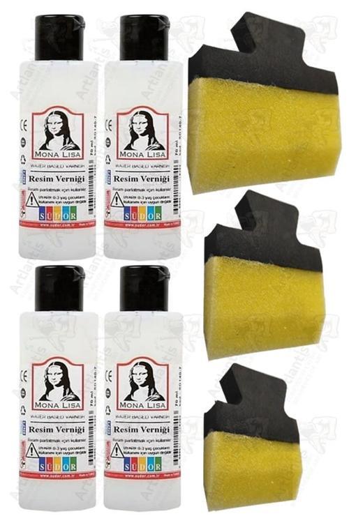 Resim Verniği 70 ml Su Bazlı 4 Adet ve Yassı Patpat Sünger Fırça Seti 3 lü 1 Paket Resim Parlatıcı Vernik Hobi Sanat
