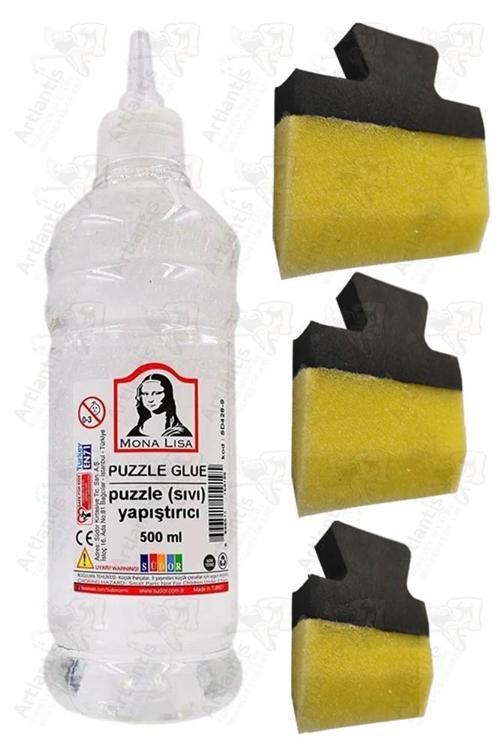 Puzzle Yapıştırıcı 500 ml 1 Adet ve Yassı Patpat Sünger Fırça Seti 3 lü Monalisa Yapboz Pazıl Yapıştırıcısı Şeffaf