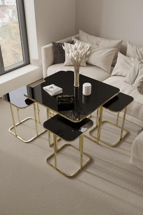 5'Li Radüslü Gold Kaplama Siyah Aynalı Orta Sehpa & Zigon Sehpa & Yan Sehpa & Bohem Sehpa Takımı